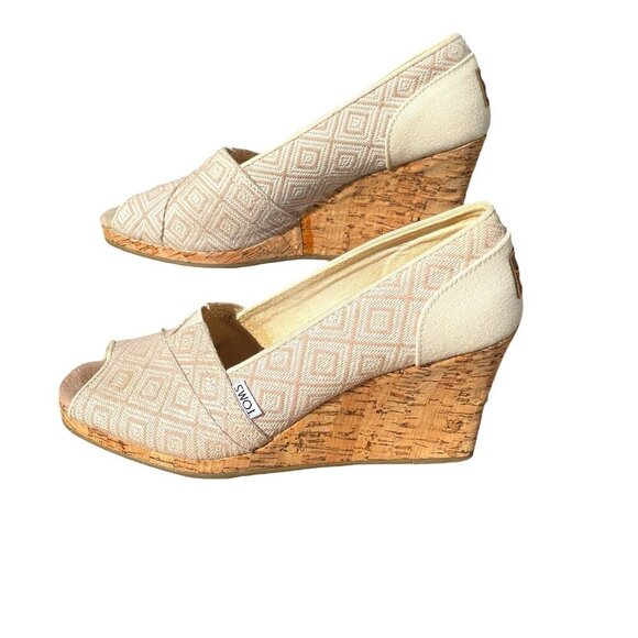 Toms Peep Toe Cork Espadrille Wedge Tan Diamond Aztec Pattern Fabric Women's W10 - Picture 12 of 12